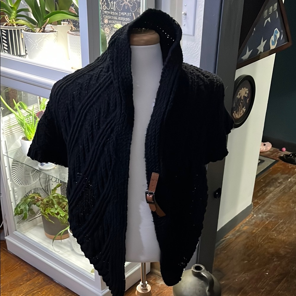 Black Knit Shawl with Leather Buckle